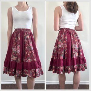 Vintage 80s Floral Skirt, 1990s Red Purple Midi Skirt